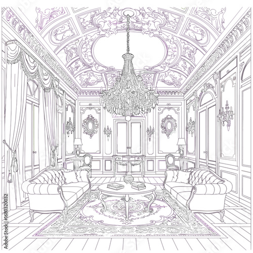 Ornate Wireframe Interior Design of a Grand Ballroom or Royal Hall