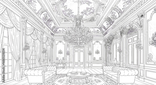 Grand Opulent Ballroom with Intricate Decorations and Chandeliers