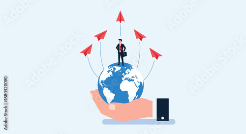 Confident businessman leading global ventures with paper airplanes symbolizing innovation and worldwide reach