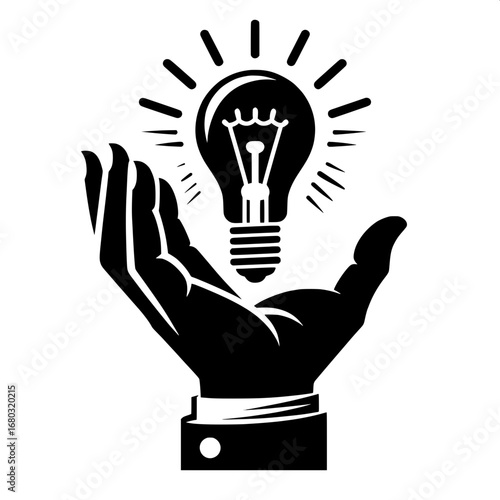 Black and White Vector Silhouette of Light Bulb in a Hand