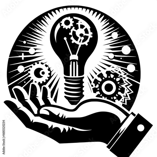Black and White Vector Silhouette of Light Bulb in a Hand