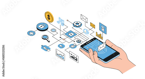 Wallpaper Mural Modern digital strategy with smartphone, data, security, and finance icons creating business success. Torontodigital.ca