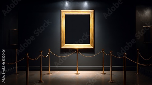 Mockup black blank space in vertical gold wooden square frame hanging isolated on dark background behind display stanchions Empty single vintage golden rectangular frame in museum.