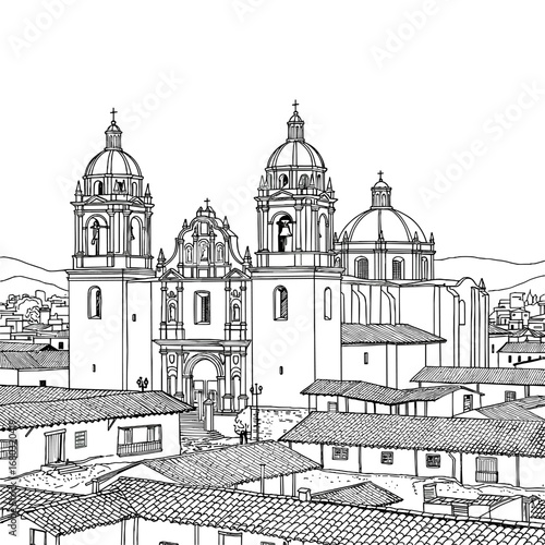 Historic Colonial Church with Dome Architecture Overlooking a Village Rooftop Scene