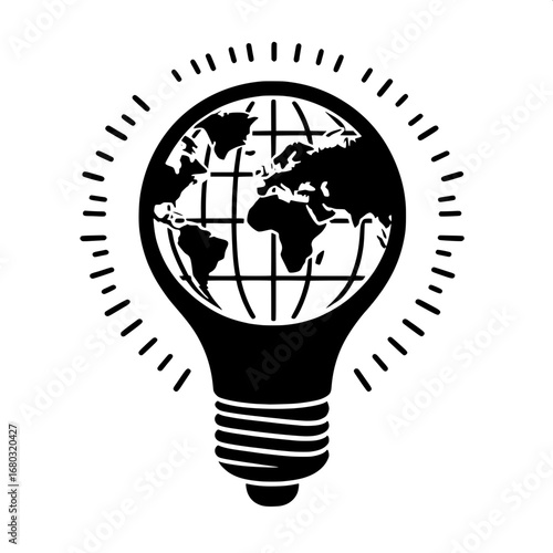 Black and White Vector Silhouette of Light Bulb with Globe Inside