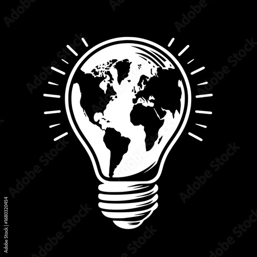 Black and White Vector Silhouette of Light Bulb with Globe Inside