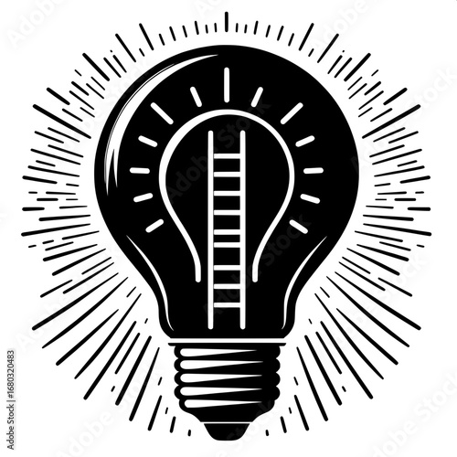 Black and White Vector Silhouette of Light Bulb with Ladder Inside