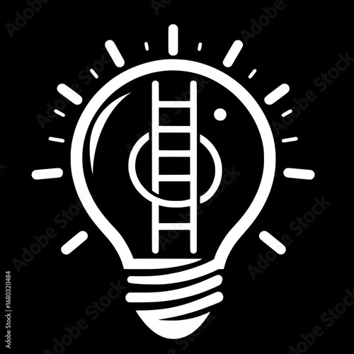 Black and White Vector Silhouette of Light Bulb with Ladder Inside