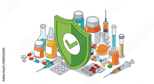 Secure pharmaceutical protection with medical supplies and verified checkmark shield