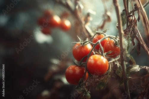 Ripe red cherry tomatoes on a vine, shallow depth of field