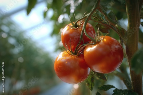 Ripe red tomatoes on the vine, glistening with moisture, inside a greenhouse