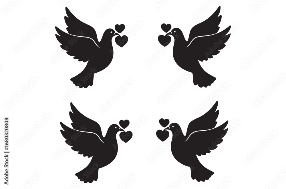Obraz premium Birds silhouette vector file bundle isolated on white background, Romantic Bird Silhouette Vector Bundle, Lovebirds, Doves, Hearts, Wedding Birds, illustration, icon, retro.