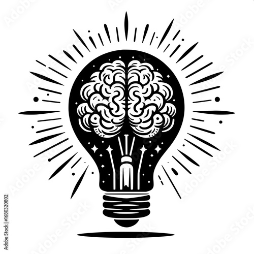 Black and White Vector Silhouette of Bulb with Brain Inside