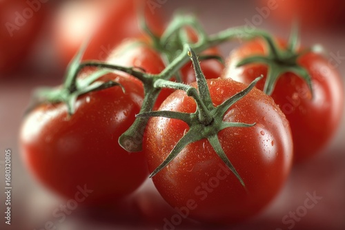 Close-up of fresh, red tomatoes on the vine, glistening with water droplets (1)