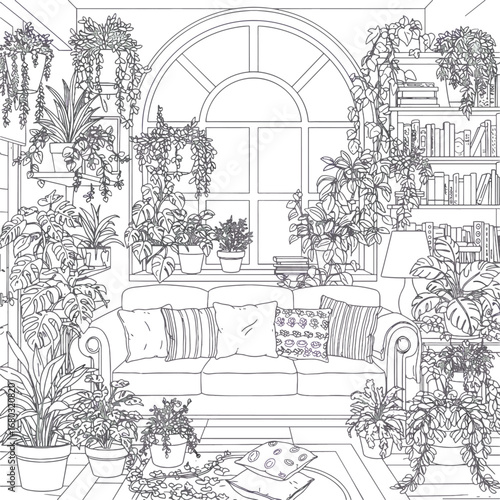 Elegant Room Interior Design With Large Arched Window and Lush Greenery
