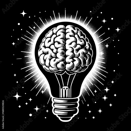 Black and White Vector Silhouette of Bulb with Brain Inside