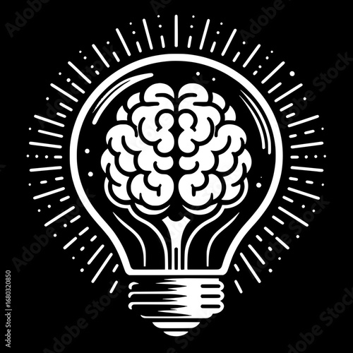 Black and White Vector Silhouette of Bulb with Brain Inside