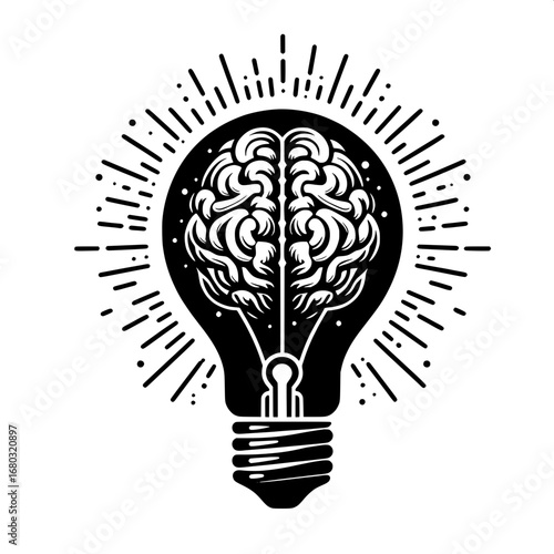 Black and White Vector Silhouette of Bulb with Brain Inside