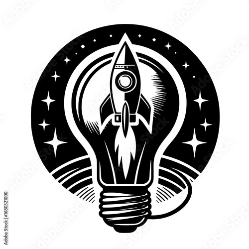 Black and White Vector Silhouette of Light Bulb with Rocket Inside