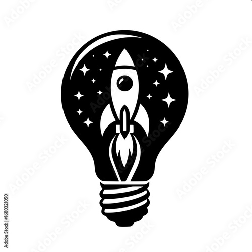 Black and White Vector Silhouette of Light Bulb with Rocket Inside