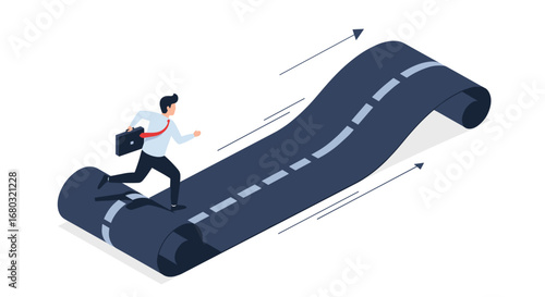 Dynamic businessman races forward on a conceptual road symbolizing career growth and ambition