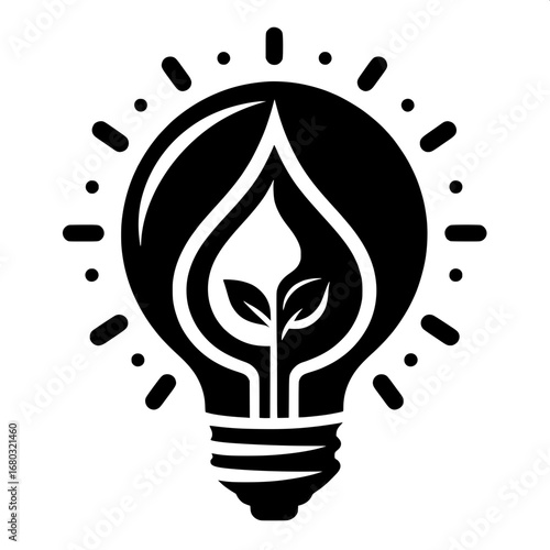 Black and White Vector Silhouette of Bulb with Water Droplet Inside