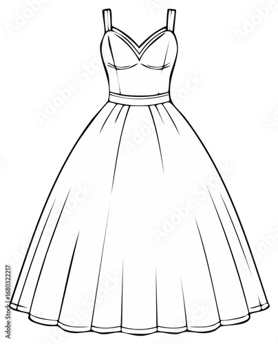 Elegant vintage formal dress line art illustration with full skirt and sweetheart neckline