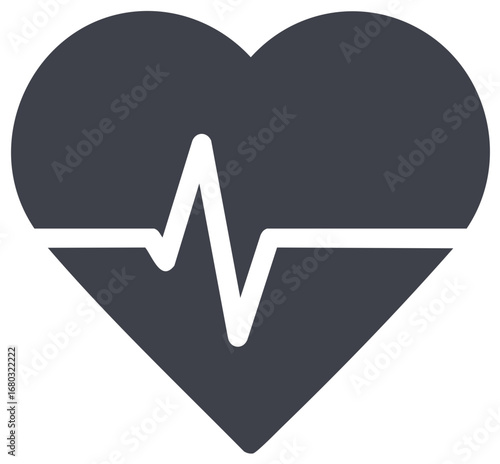 Dark gray heart shape with white electrocardiogram line inside simple medical symbol