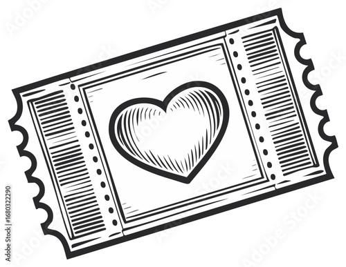 Ticket with Heart Illustration Black and White Coupon Admission Love Drawing