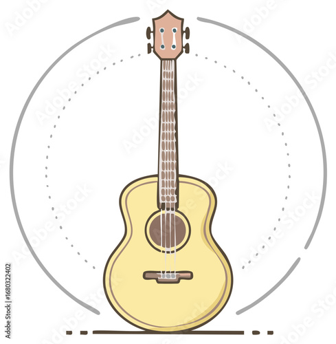 Illustration of a yellow acoustic guitar with a circular graphic element and dotted line