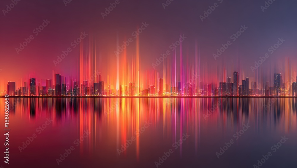 Fototapeta premium Futuristic city skyline at dusk, vibrant lights reflected on water