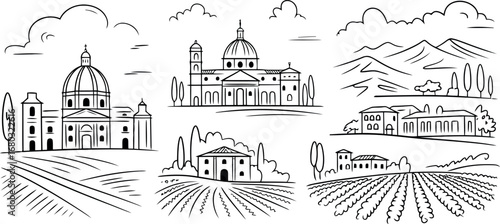 This collection of simple line art illustrations showcases various elements of a picturesque Italian landscape, featuring grand basilicas and charming villas nestled among rolling vineyard