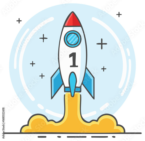 Vibrant cartoon rocket launching with number one, symbolizing success, startup, and growth