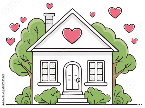 Hand drawn house with floating hearts surrounded by green trees and bushes symbolizing love and home comfort