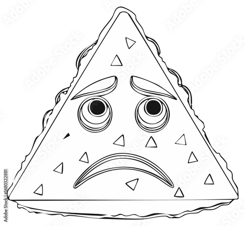Sad triangle with eyes and eyebrows in black and white, a cartoon style illustration showing a unhappy face of a triangle figure