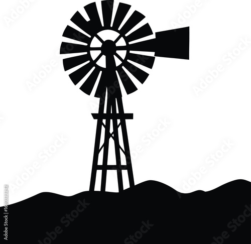 Farm windmill silhouette on a hill, rural wind pump for water vector
