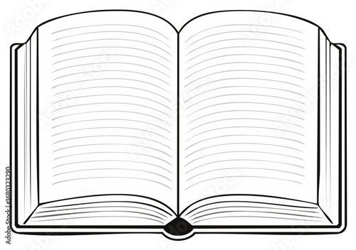 Illustration of an opened book with lined pages for writing or drawing, knowledge and learning concept.