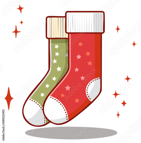 Two Festive Christmas Stockings Decorated with Stars and Sparkles