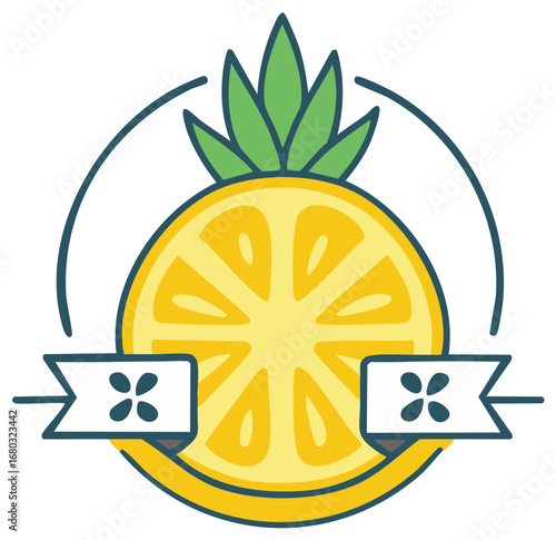 Stylized pineapple design with ribbon banner elements, vector illustration.