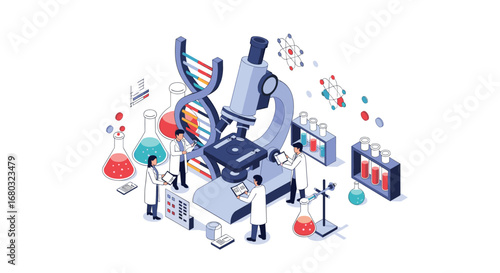 Scientists collaborate in modern lab examining DNA and molecules, advancing research