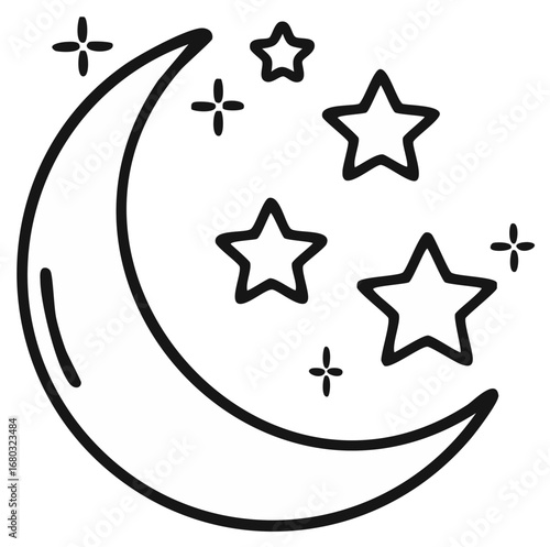 Crescent moon with stars illustration with a hand-drawn feel and clean lines