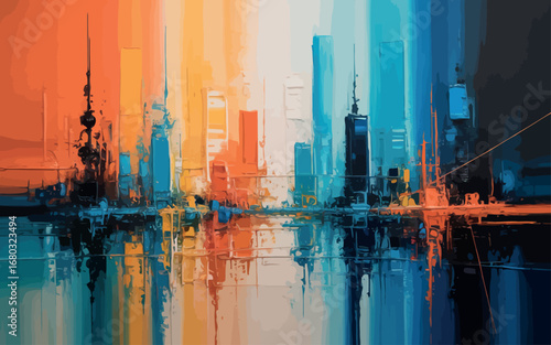 An expressive and colorful abstract painting depicts a vibrant city skyline, reflected in a body of water below, with bold brushstrokes in warm oranges and cool blues. 