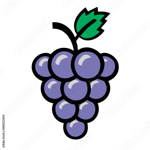 Vibrant purple grape cluster illustration, perfect for healthy eating concepts, fresh produce, and natural food designs, featuring sweet fruit with a bright green leaf for an organic feel