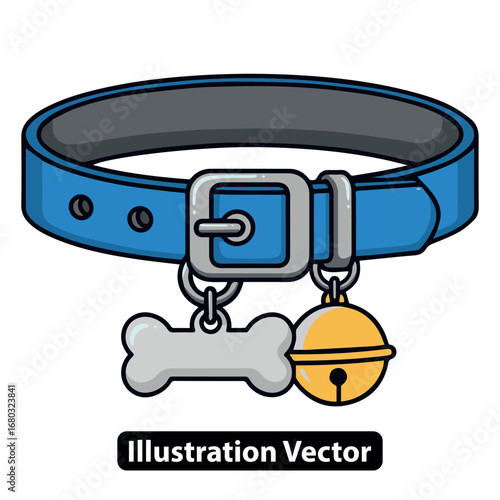 Vibrant blue pet collar with bone-shaped ID tag and jingling bell illustration for animal accessories