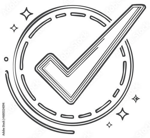Doodle Style Check Mark in Circle with Sparkles for Confirmation and Approval
