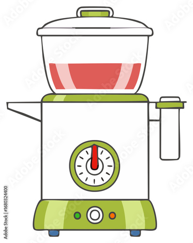 Cartoon appliance: fruit blender or juicer with timer, red liquid and green accents