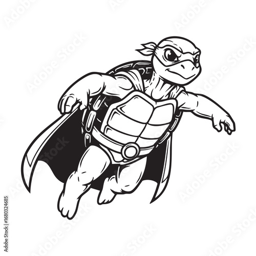 A dynamic cartoon turtle superhero soaring with a cape isolated on white background, embodying strength and agility in a heroic pose