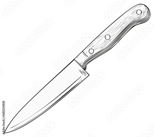 Chef's Knife Illustration with Wood Handle Line Art Style Kitchen Tool for Cutting Food Culinary