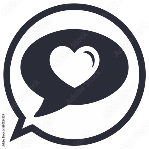 Dark speech bubble with a white heart symbol inside, symbolizing love and communication