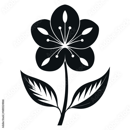 Black silhouette of a single blooming flower with five petals and leaves blossom